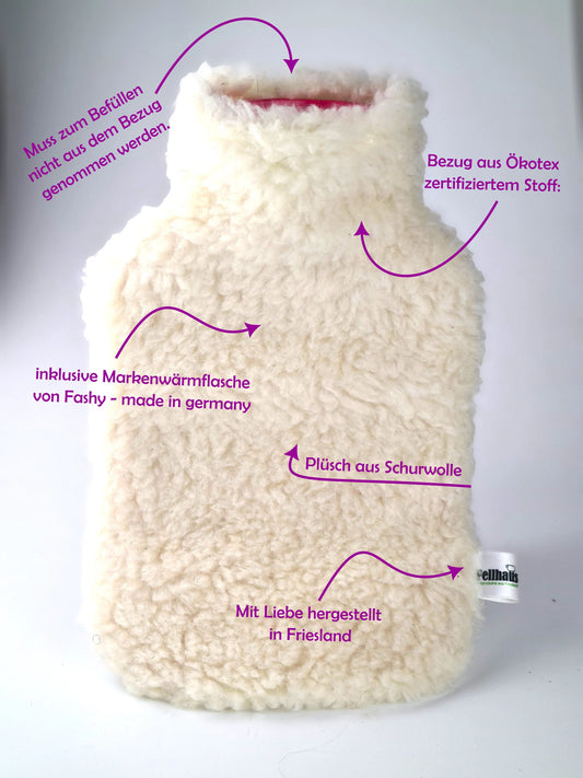 Wärmflasche mit schwarzem Schurwollbezug